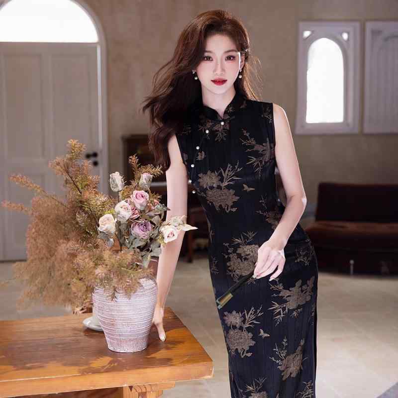 チャイナドレス ワンピース レディース ロング丈 ノースリーブ ブラック アセテート繊維 フォーマル エレガント 上品 新中華風スタイル スタイルアップ 微ストレッチ 春夏