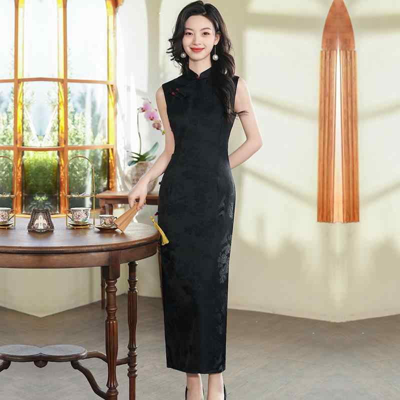 チャイナドレス レディース 春夏 レトロ 中華風 改良型 ブラック ジャカード織り 二重 ロング丈 スタンドカラー ノースリーブ スリムフィット 着痩せ効果 普段使い デイリー