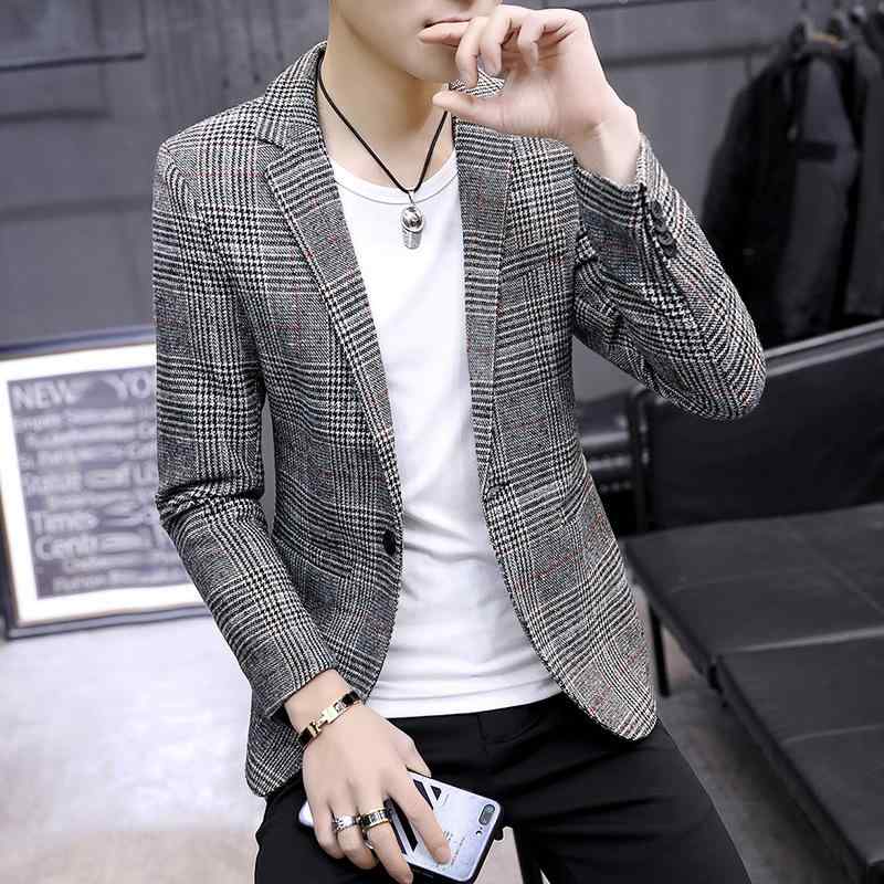 ジャケット メンズ スリムフィット 韓国風 チェック柄 春秋 形態安定 ポリエステル カジュアル ビジネス フォーマル ライトブラウン ダークブラウン ネイビー