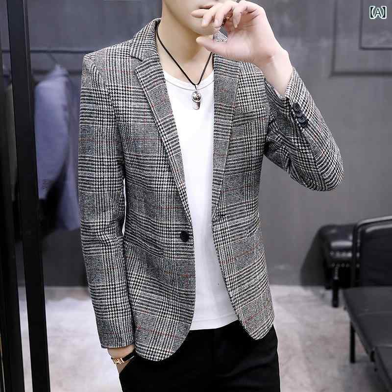 ジャケット メンズ スリムフィット 韓国風 チェック柄 春秋 形態安定 ポリエステル カジュアル ビジネス フォーマル ライトブラウン ダークブラウン ネイビー