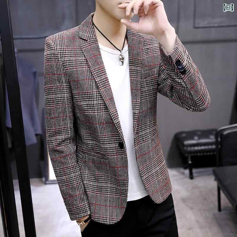 ジャケット メンズ スリムフィット 韓国風 チェック柄 春秋 形態安定 ポリエステル カジュアル ビジネス フォーマル ライトブラウン ダークブラウン ネイビー
