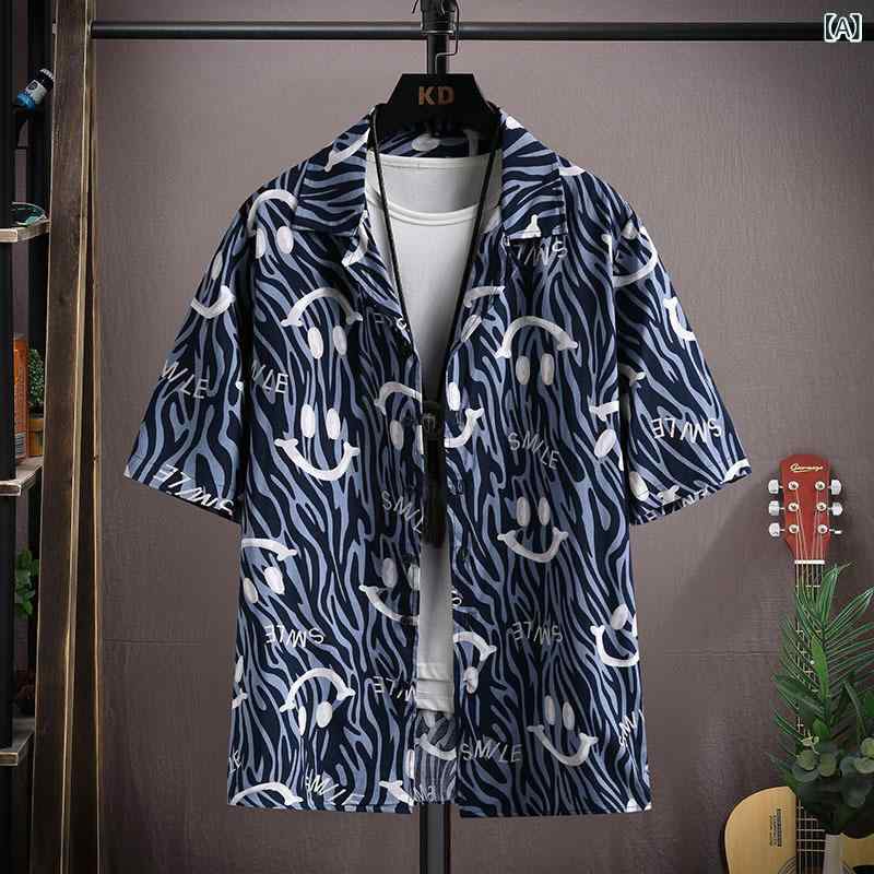 シャツ メンズ 半袖 配色 開襟シャツ 総柄 レトロ カジュアルスタイル 羽織り スリムフィット ノーアイロン ナイロン混紡 おしゃれ ブリティッシュ 春夏 トップス