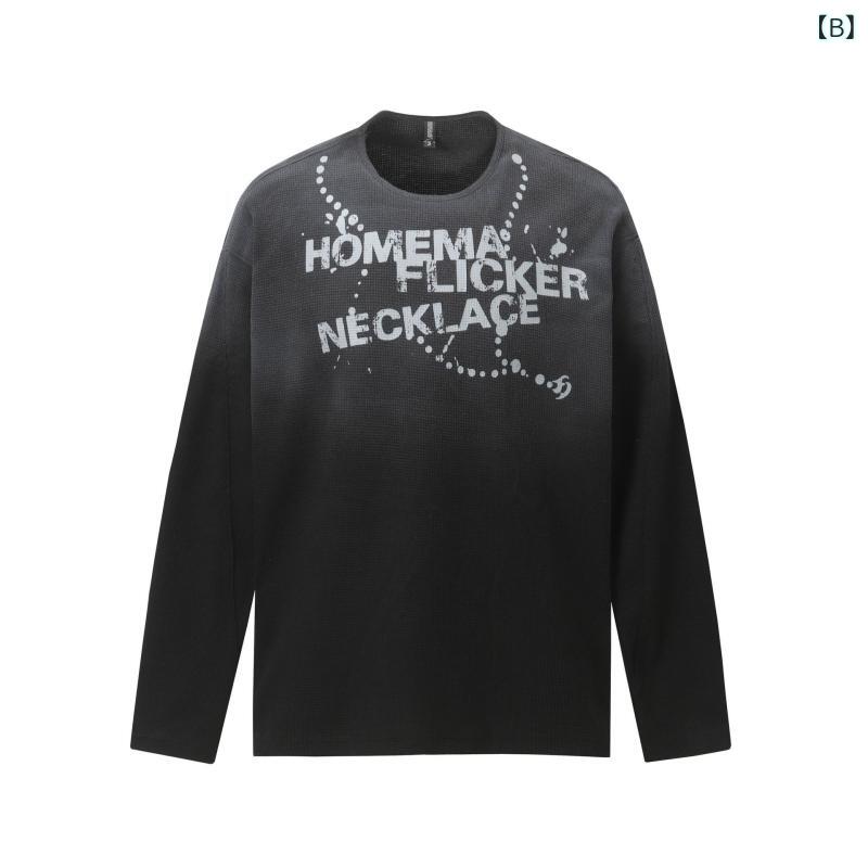 Tシャツ メンズ 春夏 通気性 吸湿速乾 ビッグシルエット ゆったり ドロップショルダー アメリカンヴィンテージ ストリート系 終末感 グラデーション グラフティープリント 長袖 クルーネック 綿100% デイリーユース