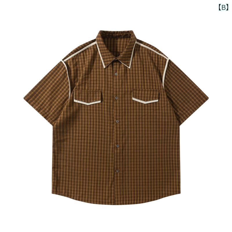 シャツ メンズ 吸湿速乾 通気性 オーバーサイズ 開襟 短袖 チェック柄 日式レトロ アメカジ 古着風 パイピングデザイン 綿混素材 カジュアル 夏