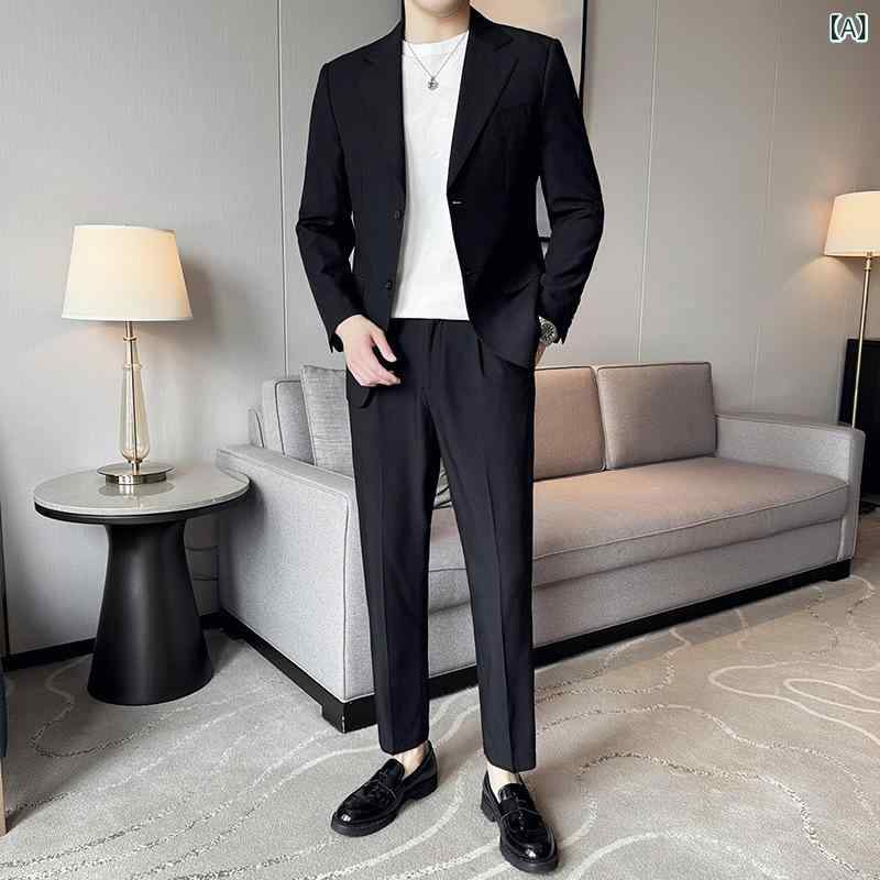 スーツ メンズ 春夏 高級感 シワになりにくい イージーケア スリムフィット セットアップ 無地 シングル2つボタン ビジネス カジュアル フォーマル対応 通勤 オフィス リラックス 大人 上品