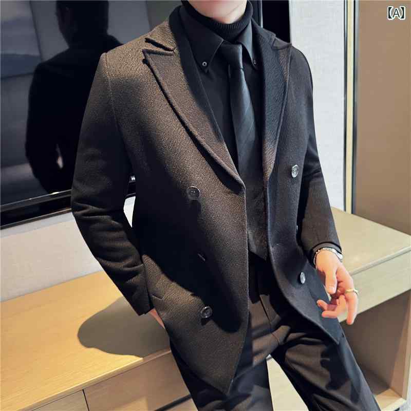 チェスターコート メンズ 秋冬 高級感 厚手 中綿入り ダブルブレスト ウール混 メルトン素材 スリムフィット ビジネス 通勤 無地 ロング丈 アウター ブラック グレー ブラウン