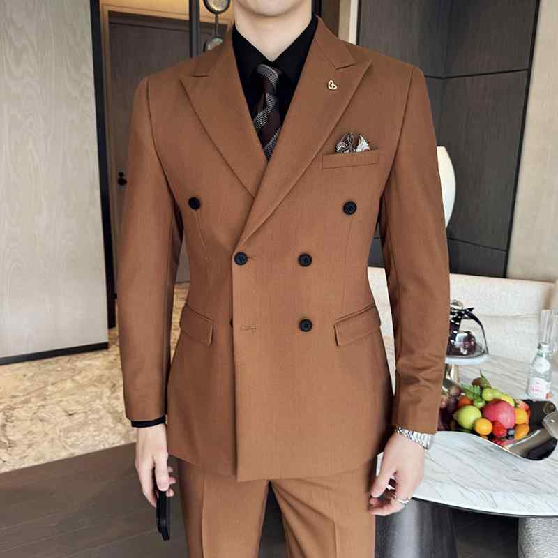 スーツ メンズ ピークドラペル ダブルブレスト 無地 フォーマル ビジネス セットアップ 高耐久 イージーケア 防シワ スリムフィット オールシーズン ポリエステル混紡 結婚式 パーティー 披露宴