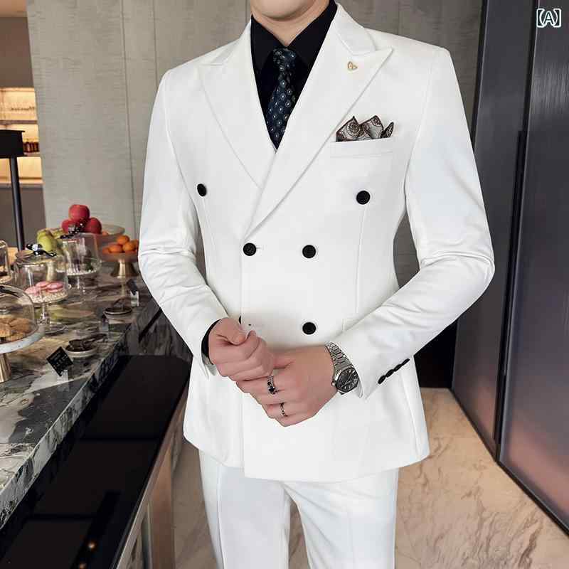 スーツ メンズ ピークドラペル ダブルブレスト 無地 フォーマル ビジネス セットアップ 高耐久 イージーケア 防シワ スリムフィット オールシーズン ポリエステル混紡 結婚式 パーティー 披露宴