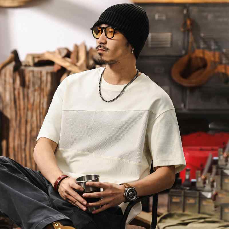 Tシャツ メンズ 接触冷感 抗菌 高級感 切り替え ジャガード 薄手 半袖 クルーネック ゆったり コーマ綿 アメカジ トレンド 春夏 アプリコット