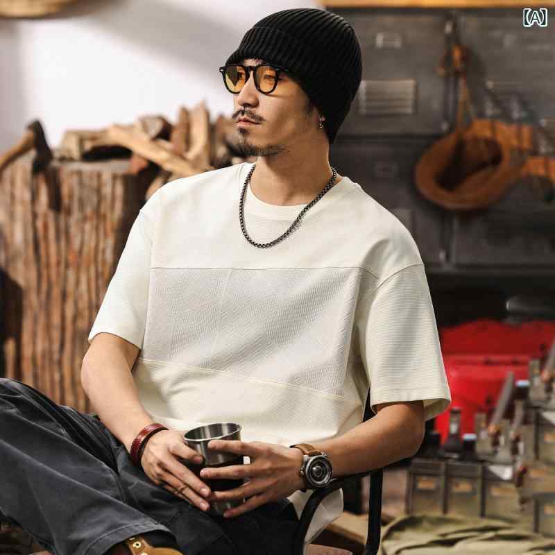 Tシャツ メンズ 接触冷感 抗菌 高級感 切り替え ジャガード 薄手 半袖 クルーネック ゆったり コーマ綿 アメカジ トレンド 春夏 アプリコット