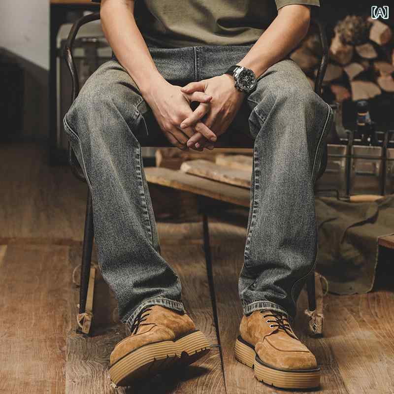 デニムパンツ メンズ アメカジ レトロ ゆったり ストレート ミッドライズ コットン 黄土染め ウォッシュ加工 春秋 レトロブルー