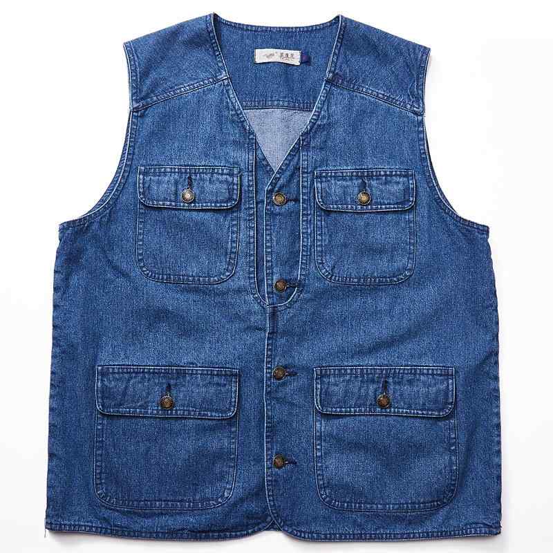 ベスト メンズ デニム コットン 多ポケット 薄手 立ち襟 ジップアップ ゆったり ビッグサイズ アウトド..
