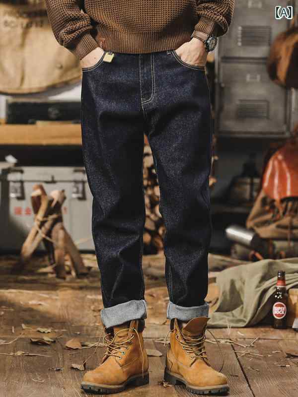 デニムパンツ メンズ 秋冬 色落ちしにくい 活性染め ストレート ウォッシュ加工 綿100% ノンストレッチ ジップフライ 5ポケット アメカジ インディゴ ミッドライズ