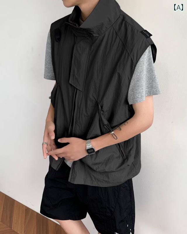 ベスト メンズ 春夏 薄手 スタンドカラー ダブルジップ ビッグポケット 無地 前開き ゆったり ポリエステル カジュアル 日系ワーク 着回し