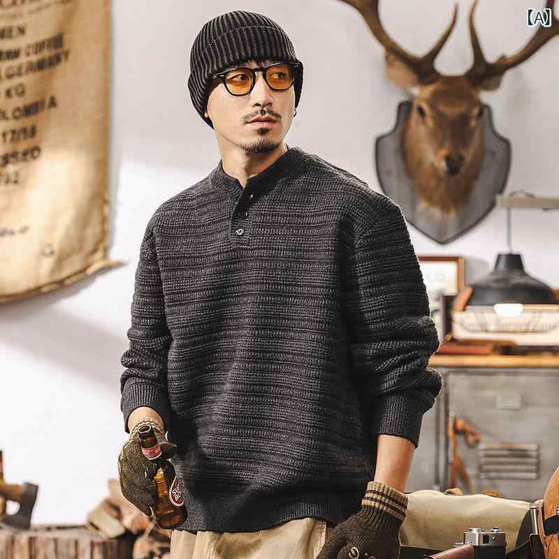 ニット メンズ アメリカンヴィンテージ 850g ヘビーウェイト ヘンリーネック 形態安定 ゆったり リラックスフィット 秋冬 長袖 綿混 デイリー カジュアル