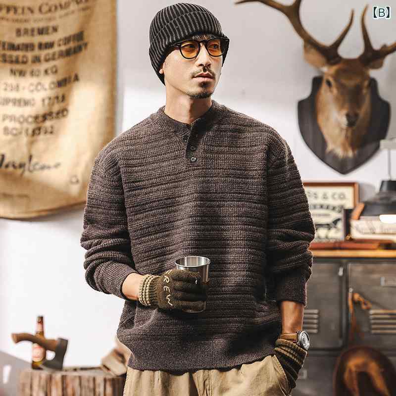 ニット メンズ アメリカンヴィンテージ 850g ヘビーウェイト ヘンリーネック 形態安定 ゆったり リラックスフィット 秋冬 長袖 綿混 デイリー カジュアル