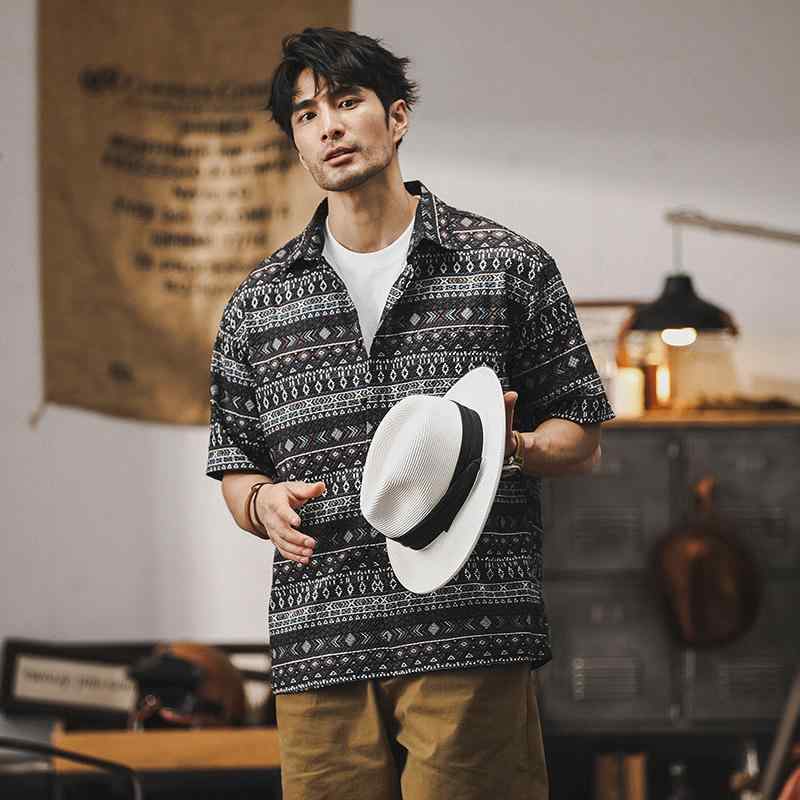 シャツ メンズ イージーケア 半袖 薄手 サッカー生地 ハワイアン アメカジ エスニック レトロ カジュアル ゆったり オープンカラー 小花柄 春夏