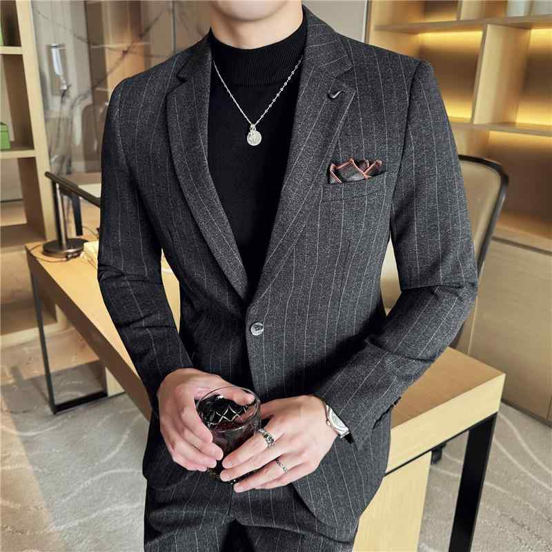 スーツ メンズ 秋冬 スリムフィット ストライプ ウール調 ポリエステル シングルブレスト 一つボタン ..