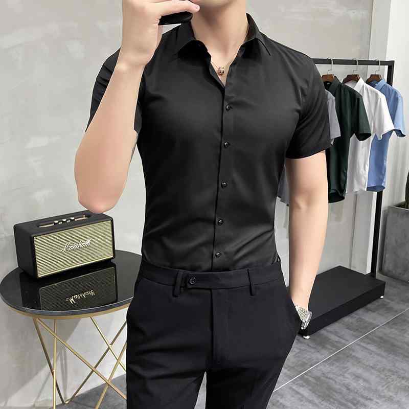 シャツ メンズ 半袖 形態安定 スリムフィット ビジネス カジュアル 通勤 オフィス クールビズ ワイシャツ ポリエステル 薄手 軽量 無地 夏用 快適