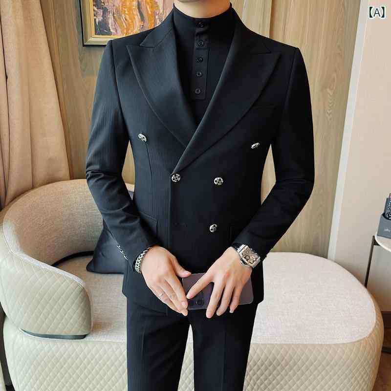 スーツ メンズ ビジネス カジュアル セットアップ 秋冬 形状記憶 スリムフィット ストライプ柄 サイドベンツ ダブルブレスト ピークドラペル