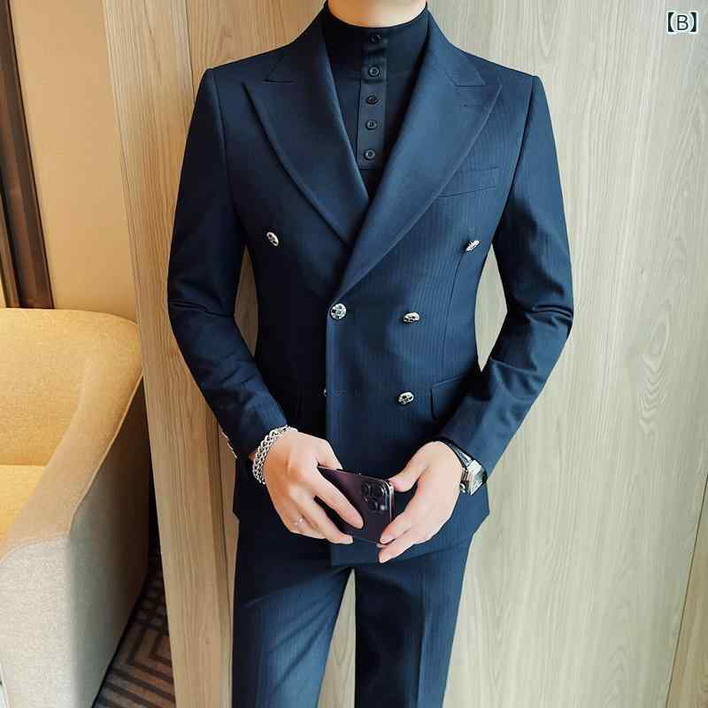 スーツ メンズ ビジネス カジュアル セットアップ 秋冬 形状記憶 スリムフィット ストライプ柄 サイドベンツ ダブルブレスト ピークドラペル