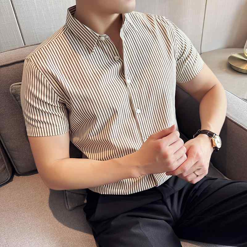 シャツ メンズ 半袖 春夏 カジュアル ビジネス スリムフィット 細ストライプ 薄手 高色堅牢度 綿混 通気性 快適な着心地