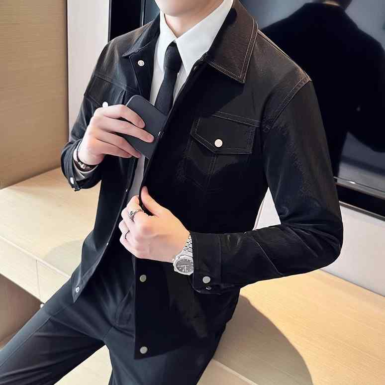 シワになりにくい ジャケット メンズ 質感のある型押しPUレザー スリムフィット テーラードジャケット 無地 春秋 カジュアルアウター ブラック ブラウン