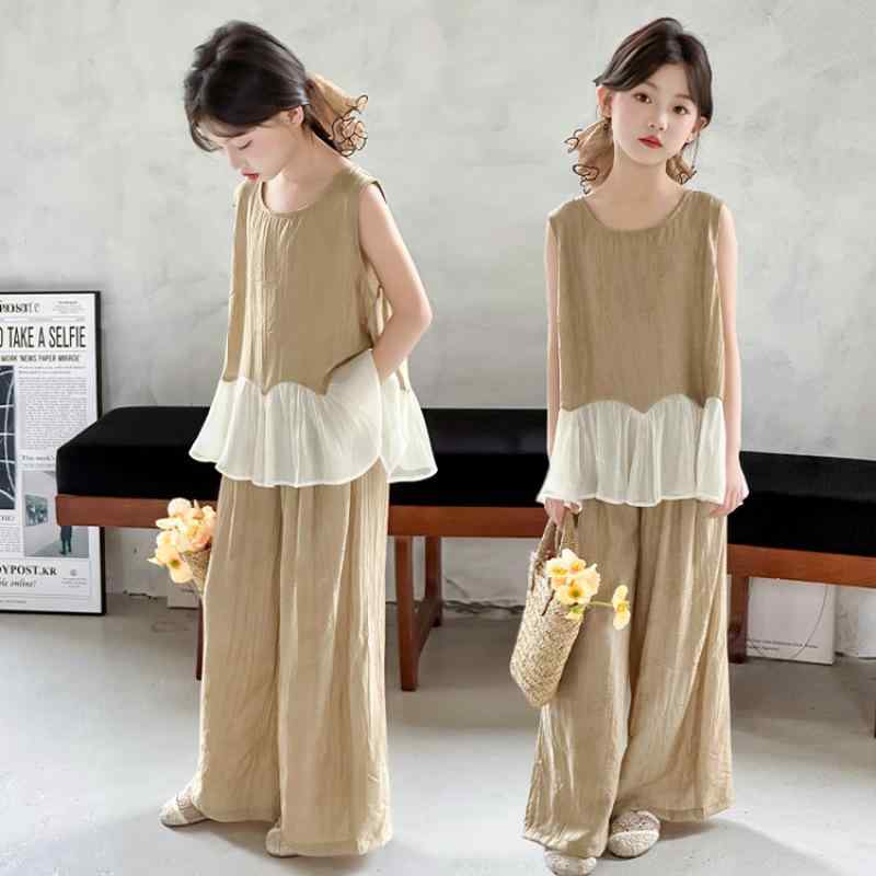 キッズ セットアップ 女の子 ジュニア 夏物 韓国ファッション かわいい フリル 切り替え タンクトップ ワイドパンツ 薄手 綿混 肌触り良い カジュアル 2点セット