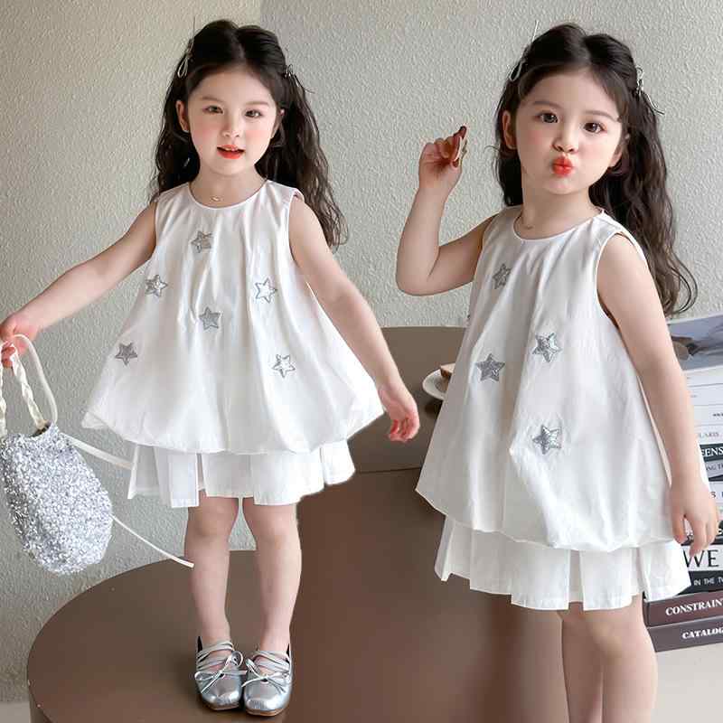 ワンピース 女の子 キッズ 白 ノースリーブ プリンセスライン 夏服 綿100% やわらか おしゃれ かわいい カジュアル 韓国風 星柄 スター柄 子供服