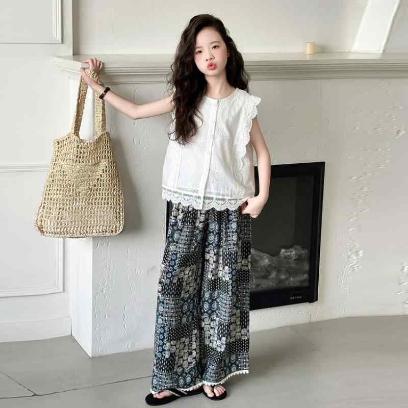 キッズ 女の子 セットアップ 夏物 薄手 防蚊ロングパンツ 柔らか素材 ノースリーブ フリル ドールシャツ 韓国風 2点セット ジュニア