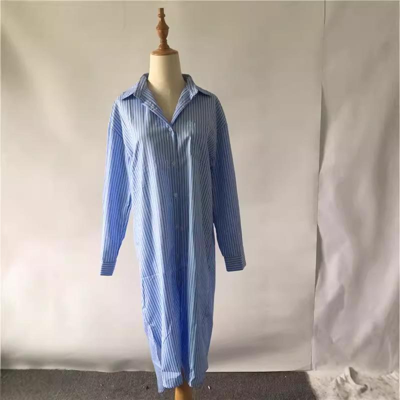 シャツワンピース レディース 春夏 ストライプ柄 ゆったり オーバーサイズ 韓国風 ミドル丈 ロング丈 ..