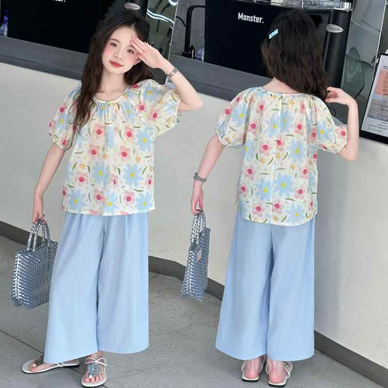 キッズ セットアップ 女の子 ガールズ 小花柄 パフスリーブ チュニック丈トップス 半袖Tシャツ ストレートパンツ 上下セット 薄手 コットン 春夏 かわいい おしゃれ 通学 デイリー 部屋着 ルームウェア