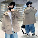 キッズアウター 男の子 ジュニア フード付き 薄手 ジップアップ 長袖 スプリングコート ウインドブレーカー 防風 カジュアル スポーツ 無地 ミドル丈 春秋服 カーキ オフホワイト