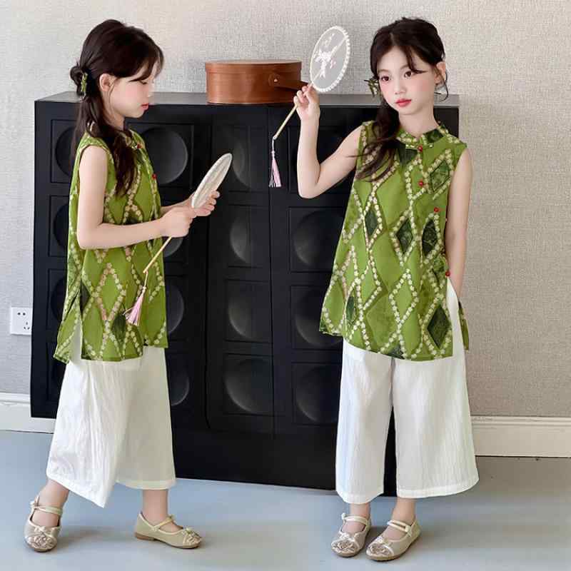 セットアップ キッズ 女の子 薄手 涼しい チャイナ風 ワンピース ワイドパンツ 2点セット 春夏 肌触り柔らか 綿混 おしゃれ カジュアル 中大童向け