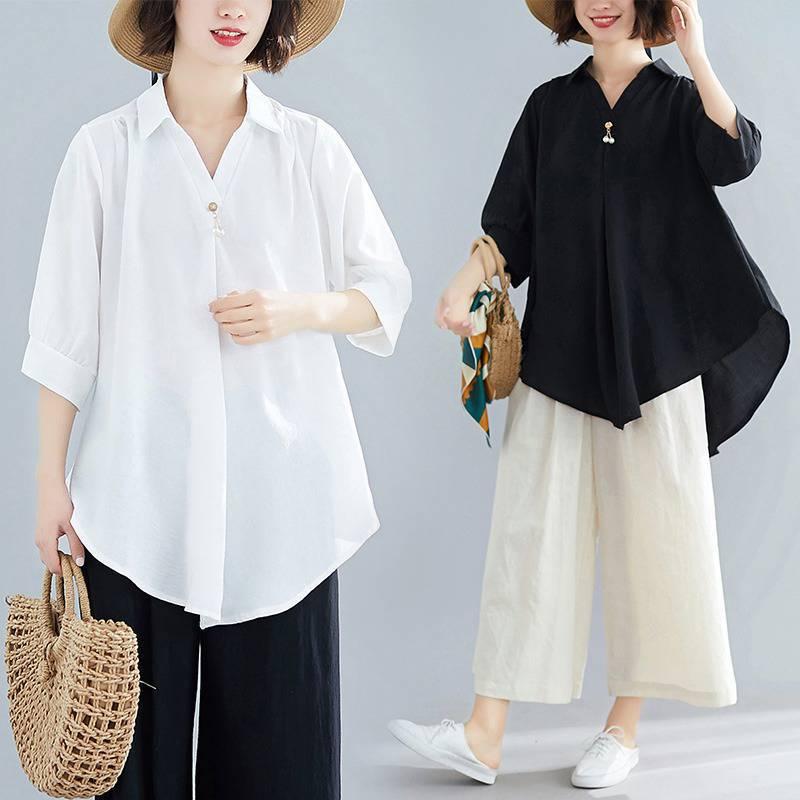 シャツ レディース 春夏 Vネック 半袖 無地 ゆったり 大きいサイズ お腹カバー 着痩せ リネン コットンリネン カジュアル 通勤 ブラウス 清涼感 通気性