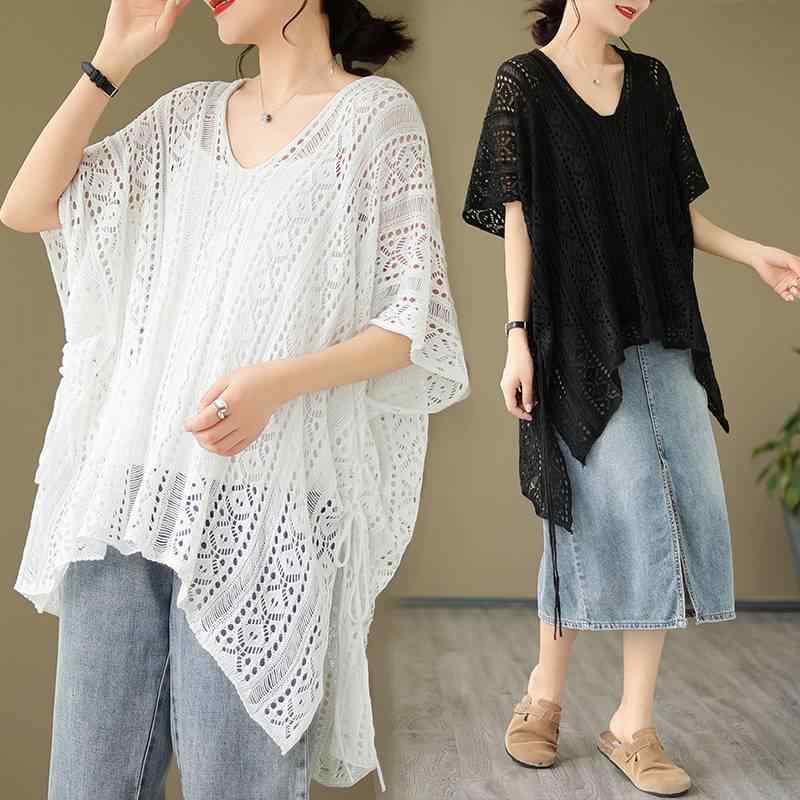 Tシャツ レディース 大きいサイズ 接触冷感 薄手 ニット 透かし編み ゆったり Vネック ドルマンスリーブ 七分袖 アシンメトリー プルオーバー 無地 ストリートカジュアル 春夏