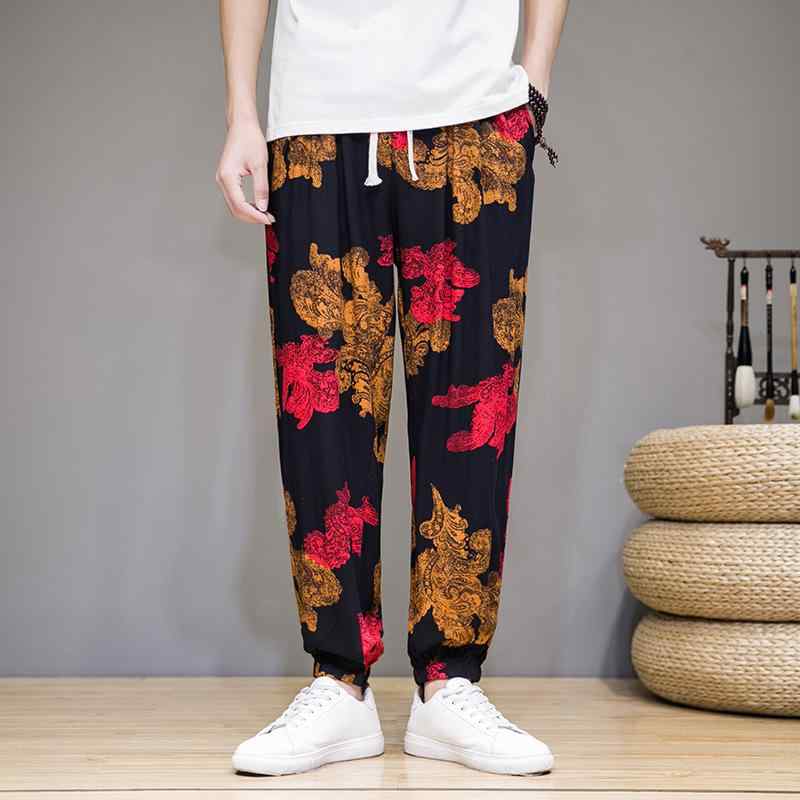 パンツ メンズ 接触冷感 薄手 通気性 花柄 総柄 九分丈 ジョガーパンツ ゆったり 大きいサイズ カジュアル サルエルパンツ