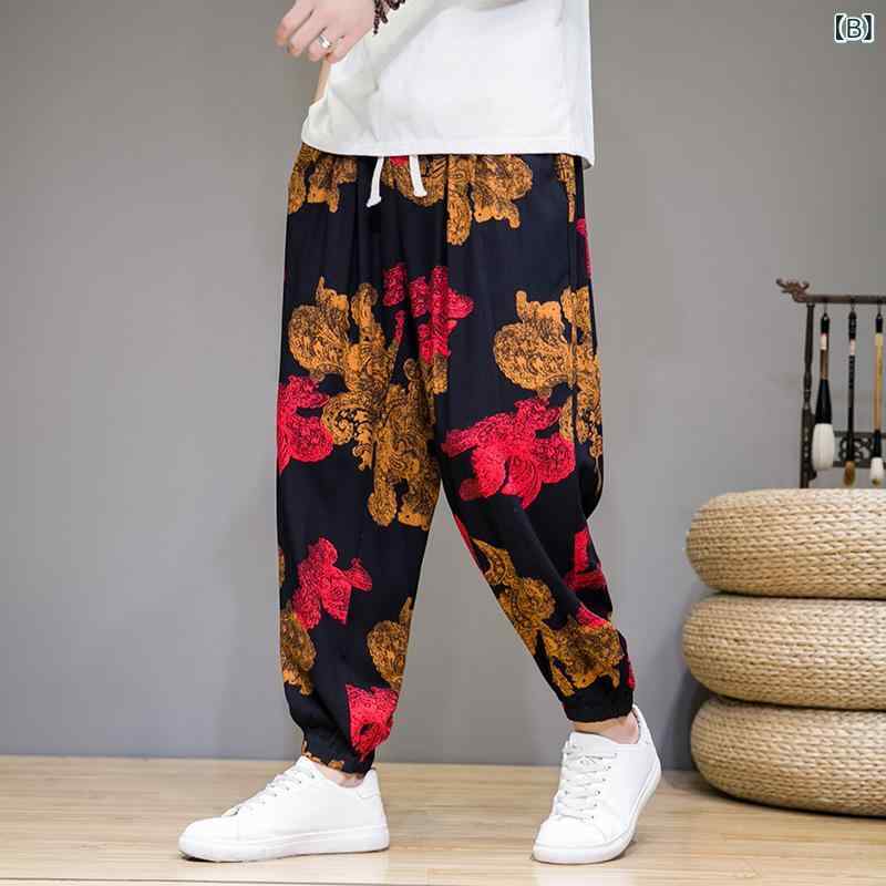 パンツ メンズ 接触冷感 薄手 通気性 花柄 総柄 九分丈 ジョガーパンツ ゆったり 大きいサイズ カジュアル サルエルパンツ
