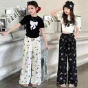 Tシャツ ワイドパンツ セットアップ ジュニア 女の子 春夏 薄手 綿混 ゆったり オーバーサイズ 半袖 蝶結び 韓国風 カジュアル ルームウェア ワンマイルウェア 2点セット
