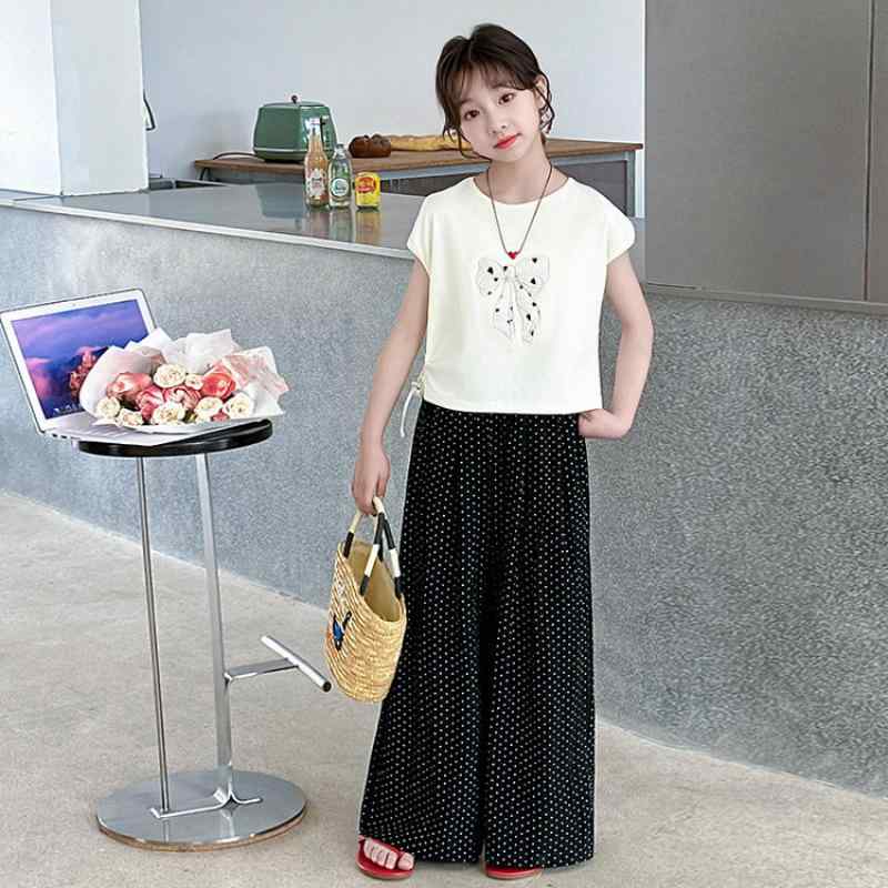 子供服 女の子 セットアップ 夏服 薄手 肌触りの良い 綿混 半袖Tシャツ ワイドパンツ ドット柄 2点セット ジュニア かわいい 140cm 150cm 160cm