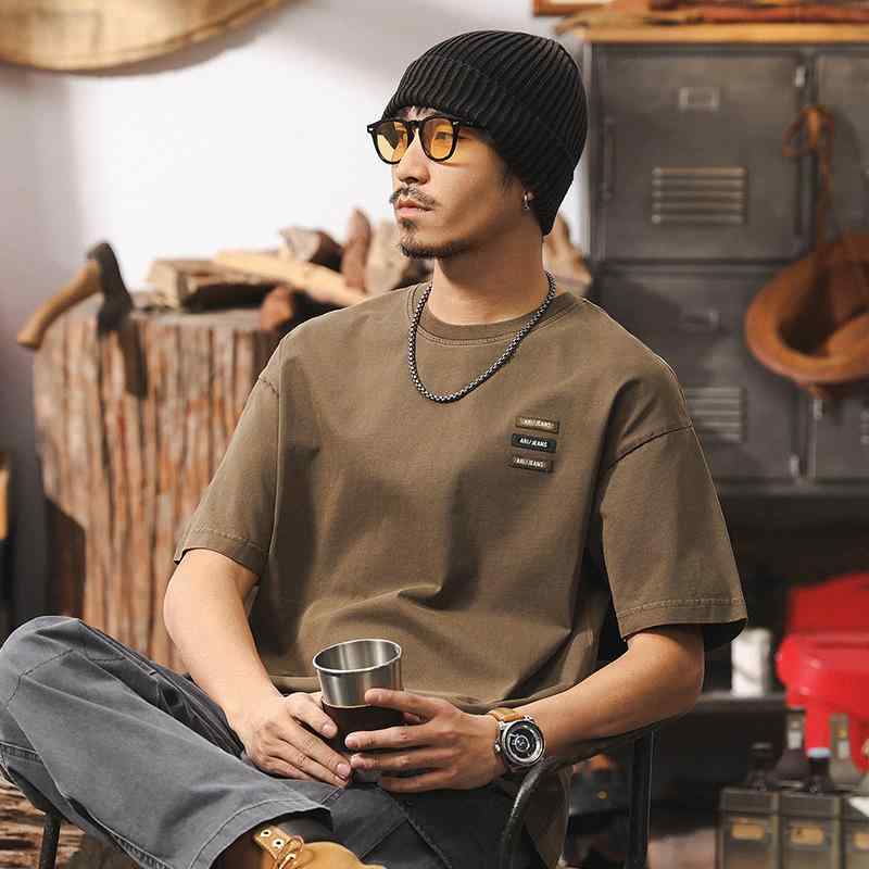 Tシャツ メンズ 春夏 抗菌加工 形態安定 綿 ゆったり オーバーサイズ クルーネック 半袖 着回し アメカジ レトロ カジュアル ブラウン ロゴプリント ドロップショルダー トップス