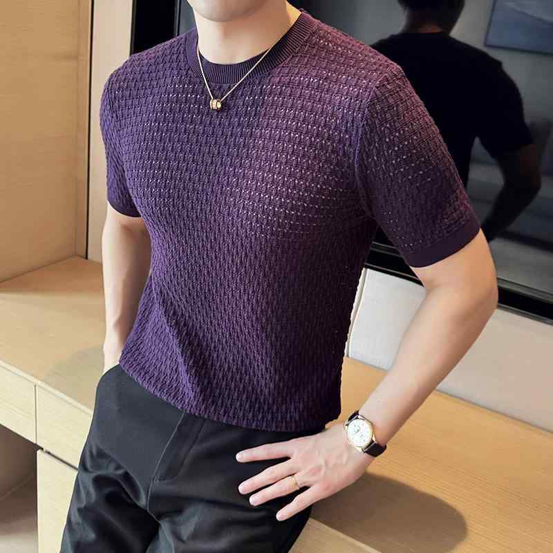 ・カテゴリ: Tシャツ・スタイル: ベーシック・主な素材: 綿混紡 (綿81〜90%)・ネックライン: クルーネック・袖丈: 半袖・柄: チェック・カラー展開: ブラック、ベージュ、パープル、ブラウン・サイズ展開: M、L、XL、2XL、3XL・シルエット: スリムフィット・タイプ: プルオーバー・厚さ: 普通・シーン: カジュアル・デザイン: リブ裾・加工: かぎ針編み透かし・重さ: 約250g・機能: 色落ちしにくい・性別: メンズ・対象: 青少年