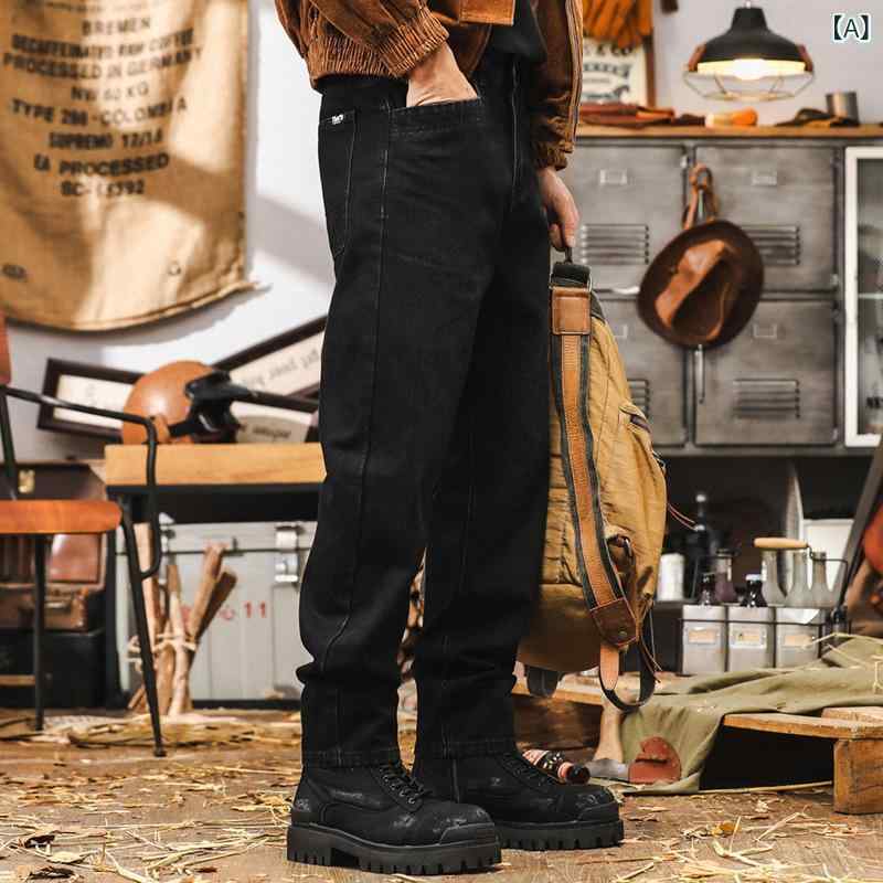 デニムパンツ メンズ ブラック アメカジ ヴィンテージ ゆったり ルーズフィット ストレート 酵素ウォッ..