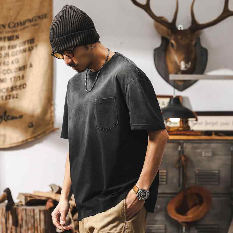 Tシャツ メンズ 抗菌 薄手 ゆったり オーバーサイズ コットン ウォッシュ加工 グラデーション 半袖 クルーネック ドロップショルダー アメカジ ブラック ポケット付き