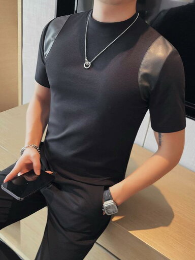 Tシャツ メンズ ストレッチ 高伸縮性 コットン モックネック 半袖 フェイクレザー切り替え 個性的 クール こなれ感 スリムフィット カジュアル トップス インナー 夏 普段使い Tシャツ メンズ ストレッチ 高伸縮性 コットン モックネック 半袖 フェイクレザー切り替え 個性的 クール こなれ感 スリムフィット カジュアル トップス インナー 夏 普段使い