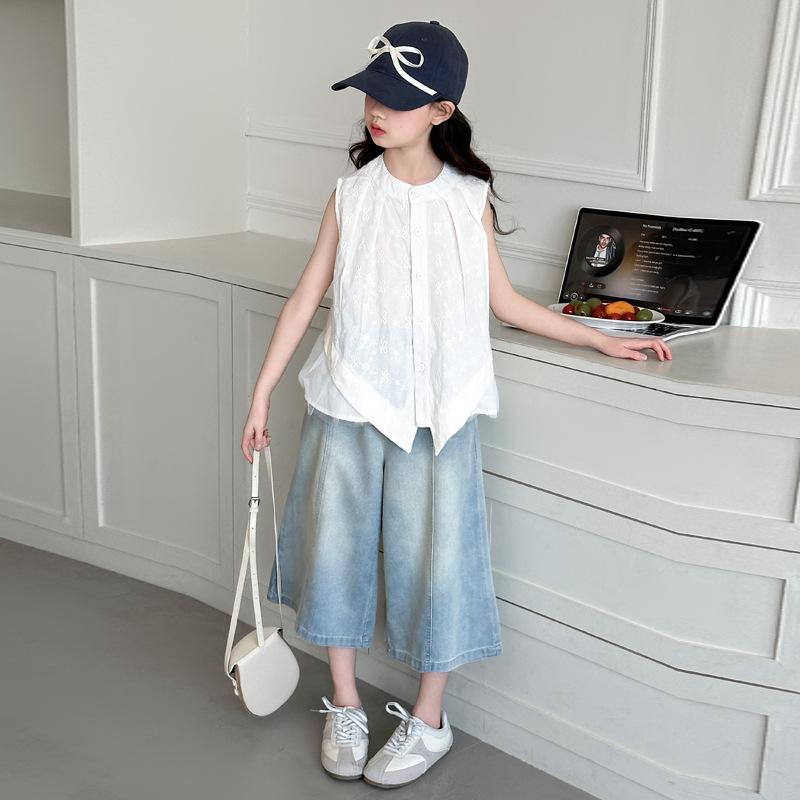 キッズ 女の子 セットアップ 春夏 ノースリーブシャツ デニムワイドパンツ 綿 コットン 薄手 柔らかい おしゃれ カジュアル 韓国風 2点セット ジュニア 小学生 中学生 子供服