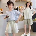 セットアップ キッズ 女の子 ジュニア 夏季 おしゃれ 韓国風 半袖 ドールブラウス ショートパンツ 上下セット カジュアル 薄手 綿混 涼しい 普段着