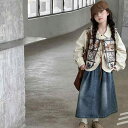 キッズ 女の子 ジュニア セットアップ レトロ 韓国風 襟付き ベスト コットン シャツ デニムスカート 3点セット 長袖 春秋 柔らか 肌触り