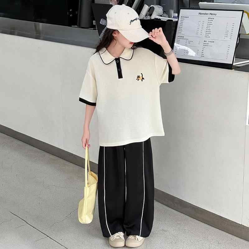 キッズ 女の子 ジュニア 夏用 セットアップ 半袖 ポロシャツ カジュアル ロングパンツ 薄手 柔らかい肌触り おしゃれ かわいい 快適 普段着 通学 お出かけ 2点セット