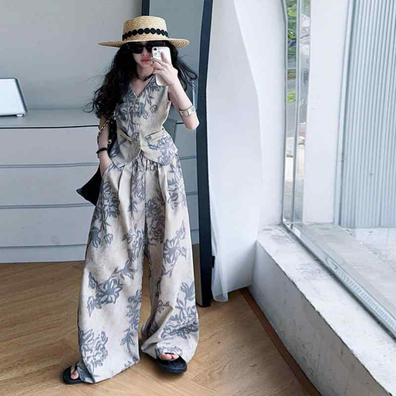 キッズ 女の子 セットアップ 綿混 薄手 涼しい 肌触り 新中華風プリント ベスト ワイドパンツ ゆったり ツーピース 春夏 ジュニア 普段着 お出かけ 通学 ダンス衣装